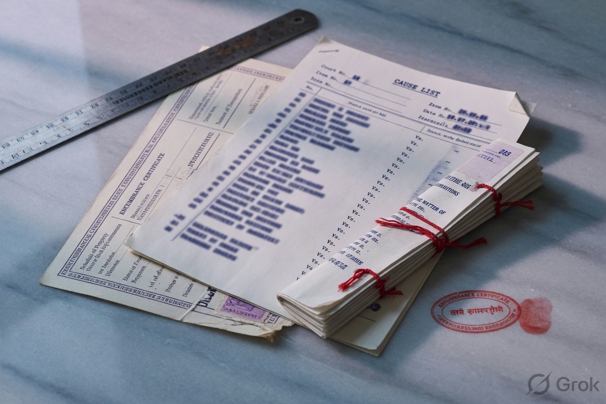 Cause list, encumbrance certificate, and a brief tied with red thread.