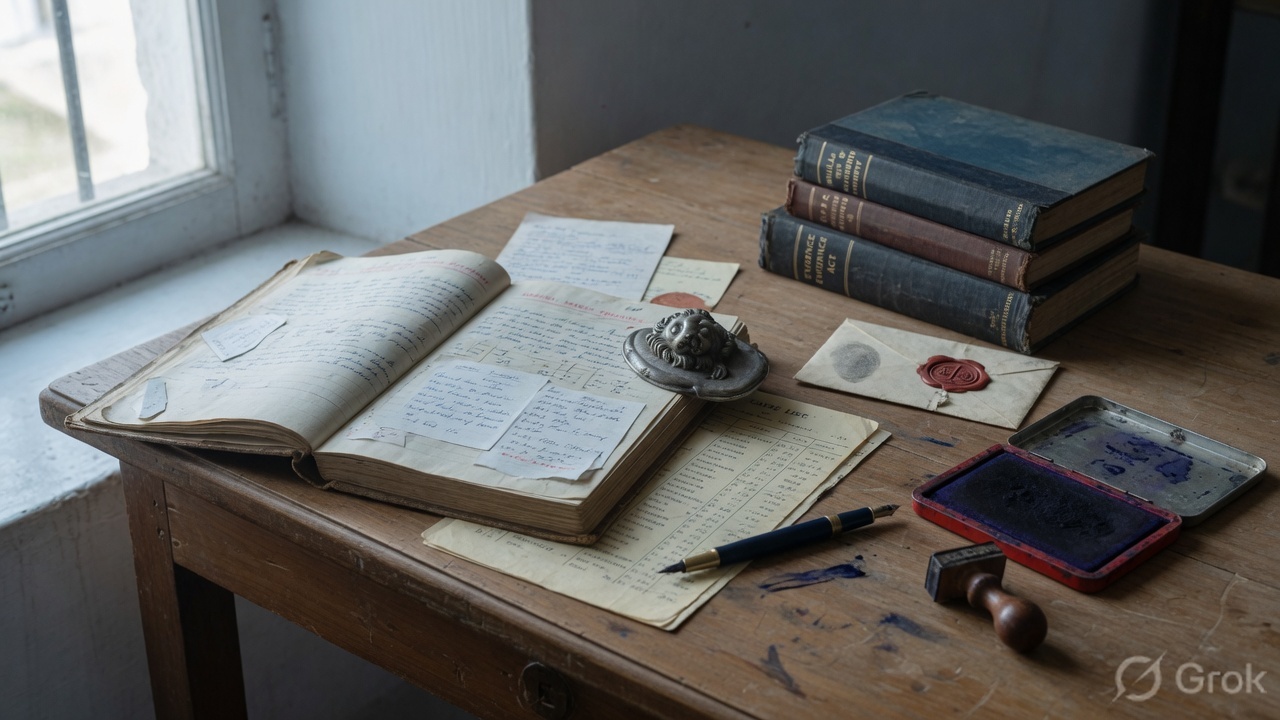 Advocate's wooden desk with an open register, fountain pen, and stamp pad.
