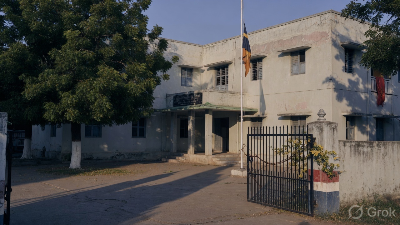 Modest district court compound in late afternoon light.