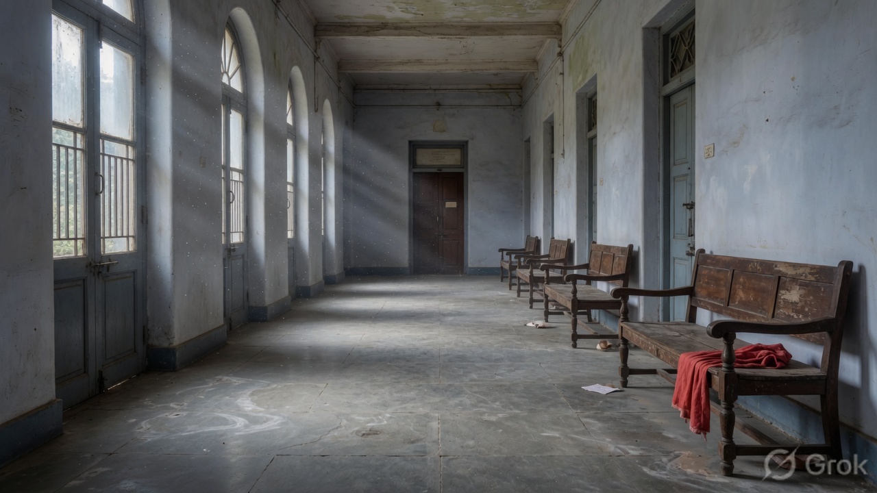 Empty corridor of a South Indian district court, morning light on wooden benches.